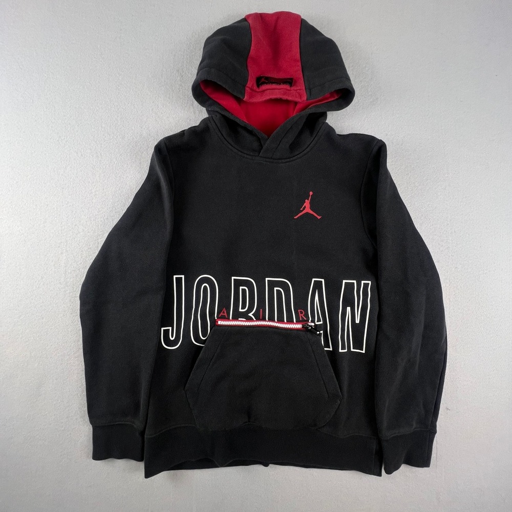 Jordan Hoodie Boys L Black Red Jumpman Graphic Zipper Pocket Fleece Pullover VTG
